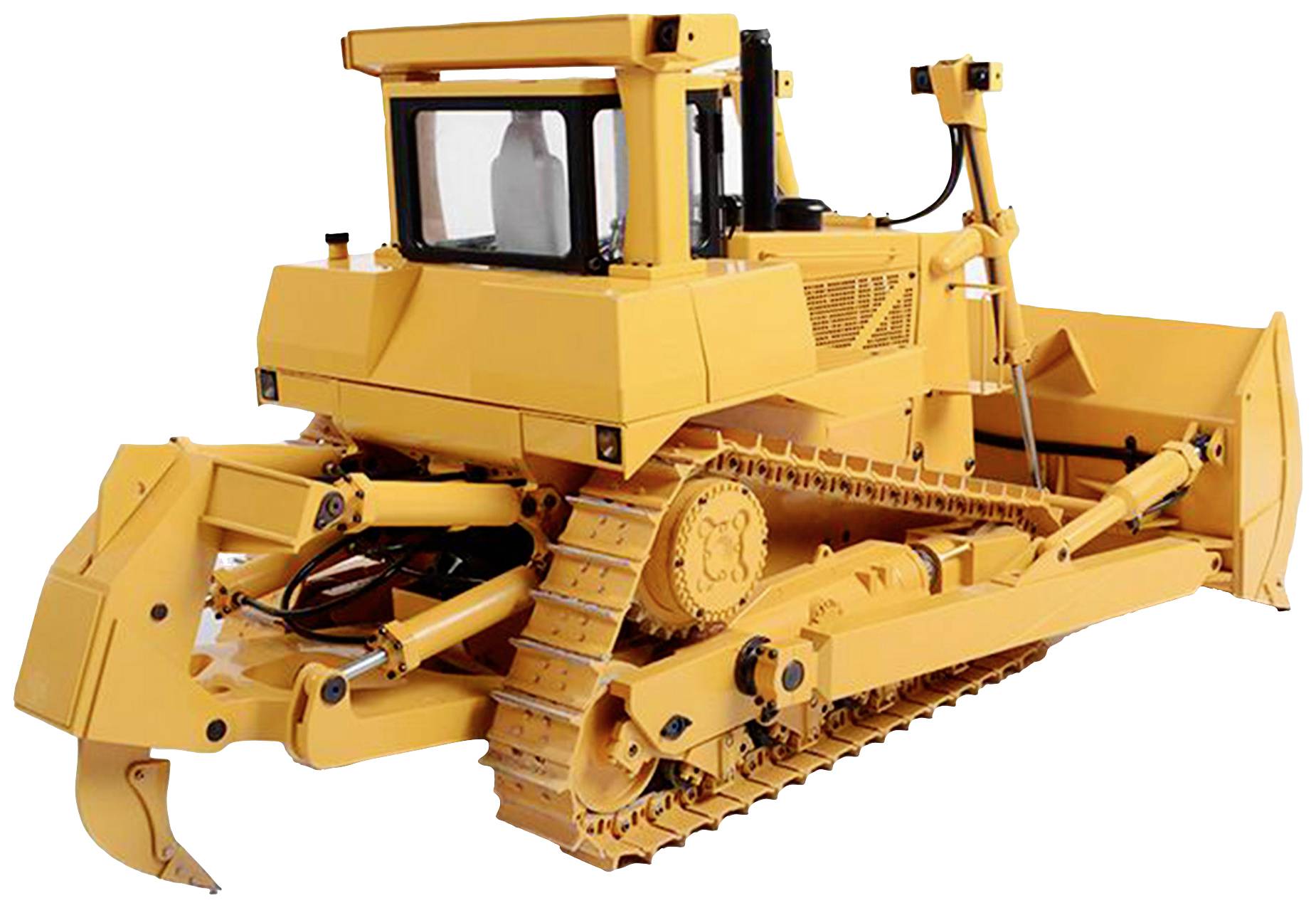 A yellow bulldozer with a large bucket and wide tracks, ready for deployment on a construction site.