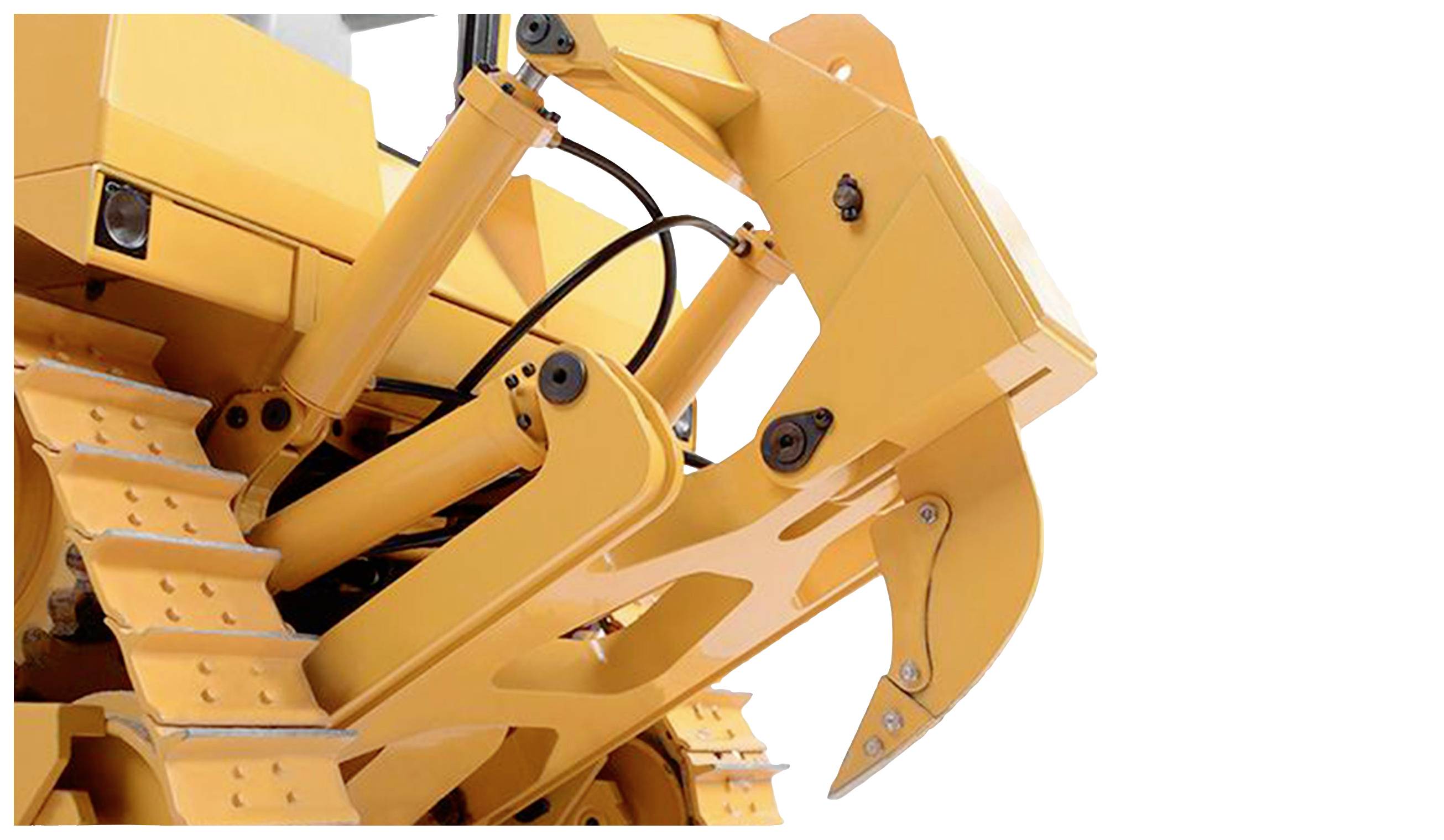 Yellow excavator shows close-up of shovel arm loading mechanism with hydraulic cylinders and gears, emphasising technical details.