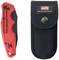 A red folding knife beside a black protective case with the logo '4KS Better Equipment'.