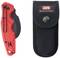 Red folding knife with black blade next to a black protective case with the logo '4KS BETTER EQUIPMENT' on the front.