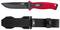 A black outdoor knife with a red handle and matching black sheath, suitable for versatile outdoor applications.