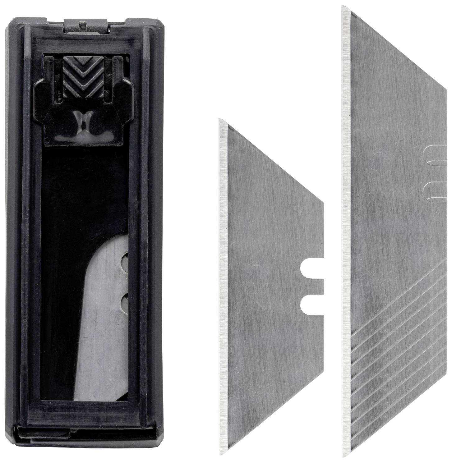 Replacement blades for a craft knife, contained in a black plastic case, alongside two loose sharp blades.