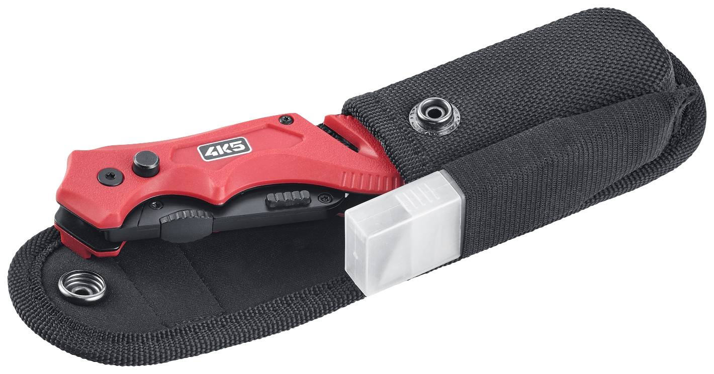 A red safety knife in a black holster with an integrated strap cutter and a metal piece at the end of the handle.