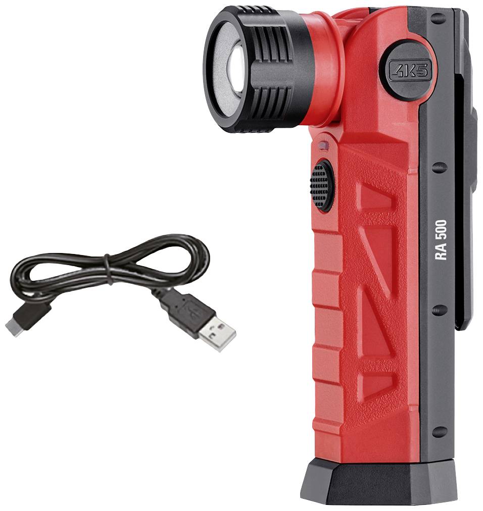 Red LED hand torch with black head and USB cable. Models: RA 500, E90. Used for lighting at night or in dark conditions.