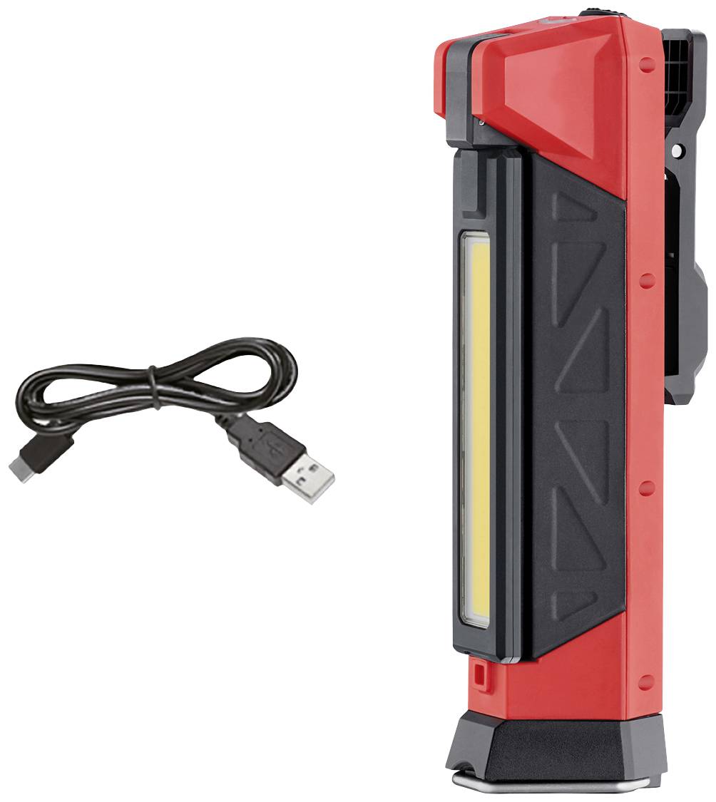 Portable, red LED work light with USB cable. Ideal for construction sites or camping, provides strong illumination and easy charging.