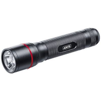 Black torch with red ring. Battery-powered, robust design, ideal for night-time outdoor activities.