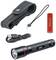 Torch with USB cable, rechargeable battery and holster. Black, compact design with red stripe. Accessories: Lanyard, battery.