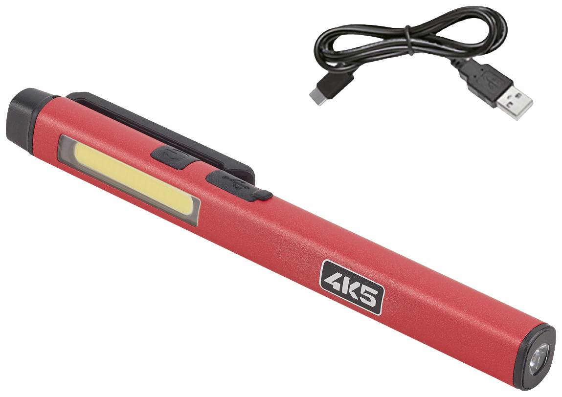 Red LED pen light with side clip and included USB cable.