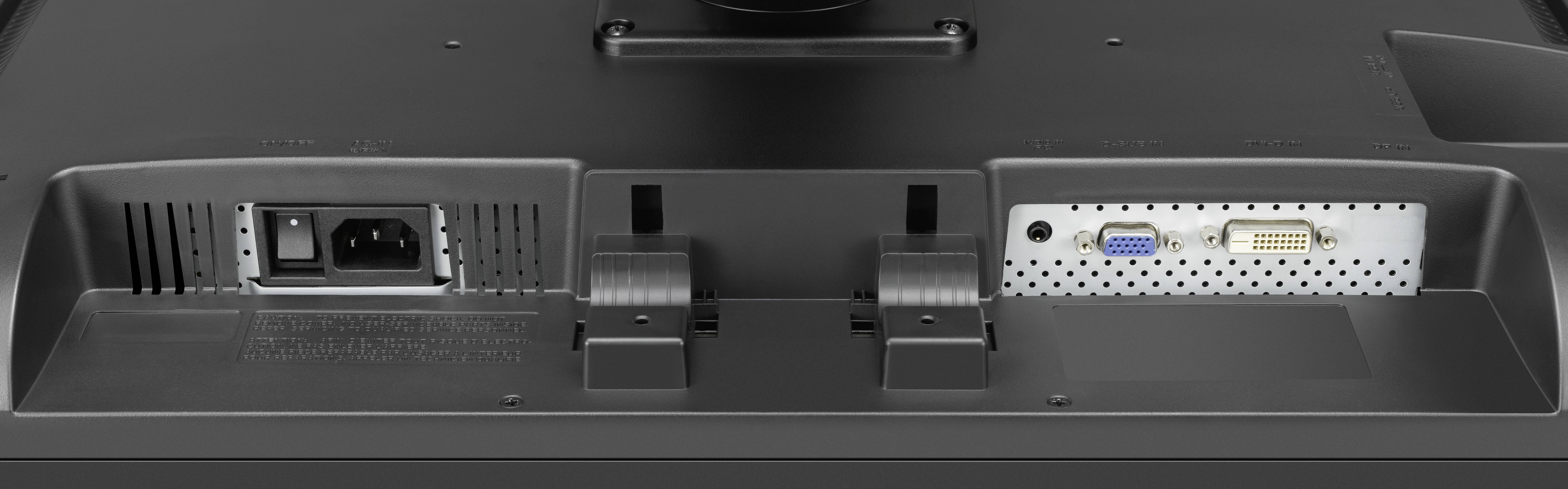 Back of a monitor with power connection on the left and video inputs on the right, including VGA (blue) and DVI (white) ports below.