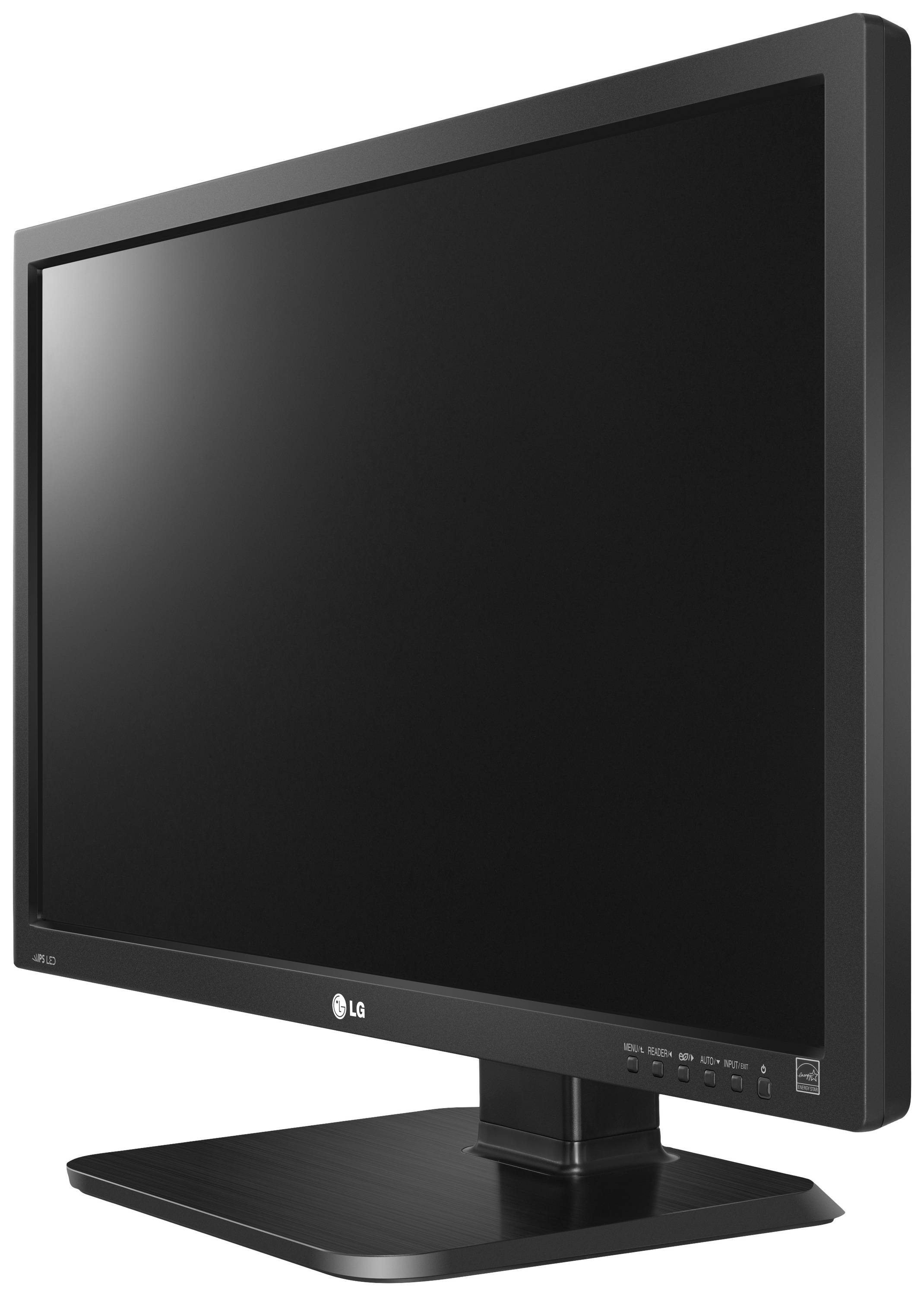 A black LG computer monitor, viewed slightly from the side. The screen is switched off and displays no content.