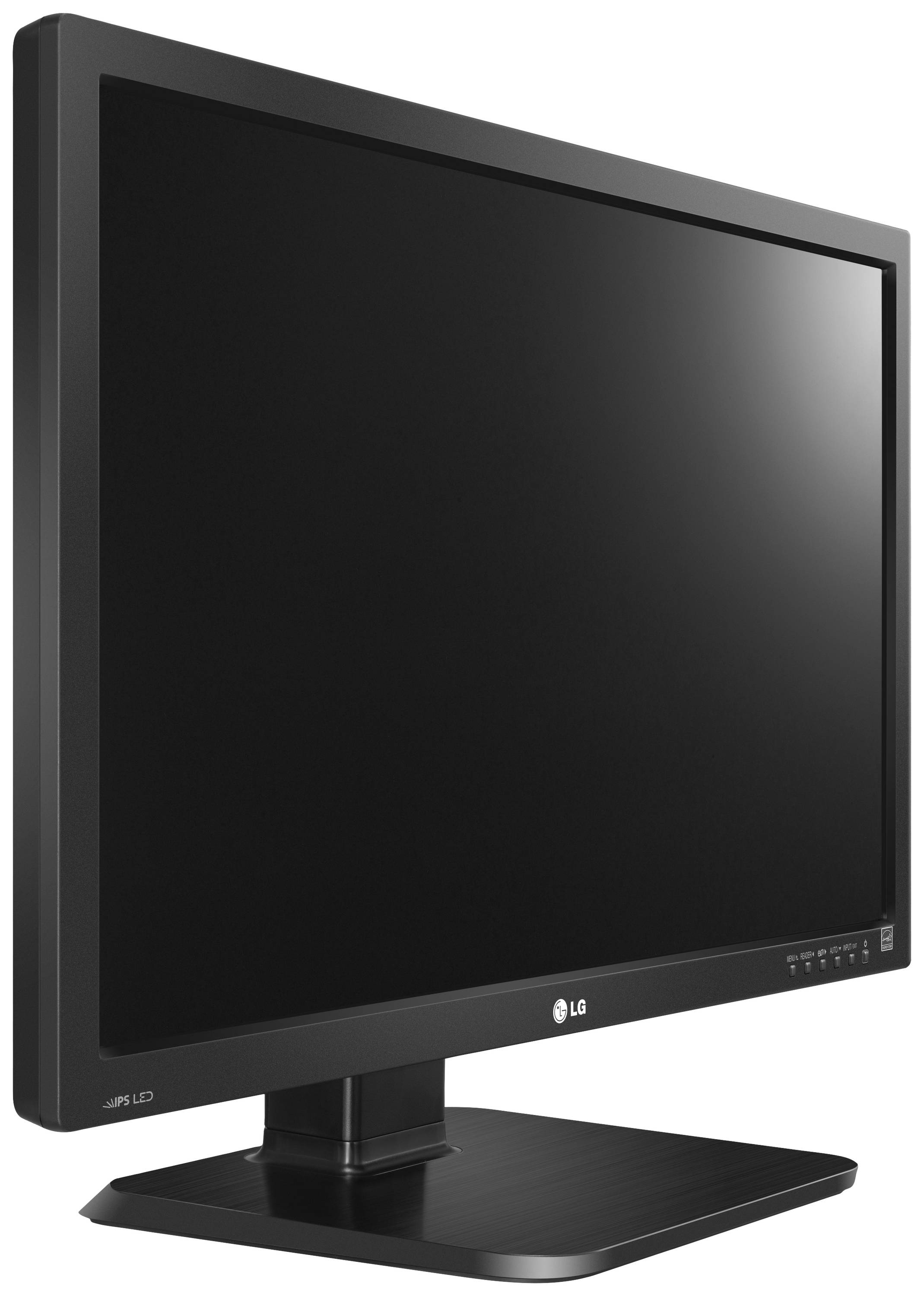 A black LG computer monitor on a stand, shown in profile with a dark front without a screen display.