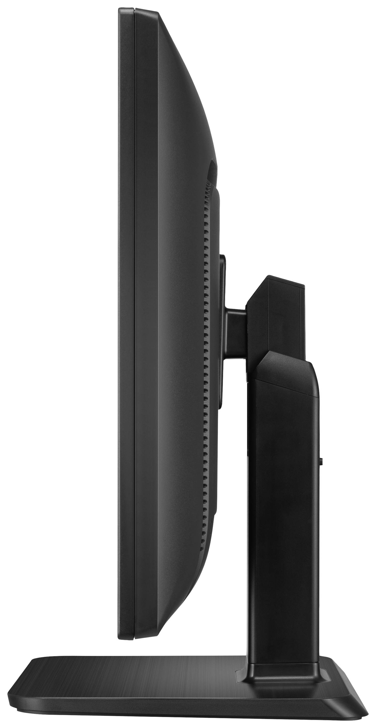 Side view of a flat monitor screen on a stand.