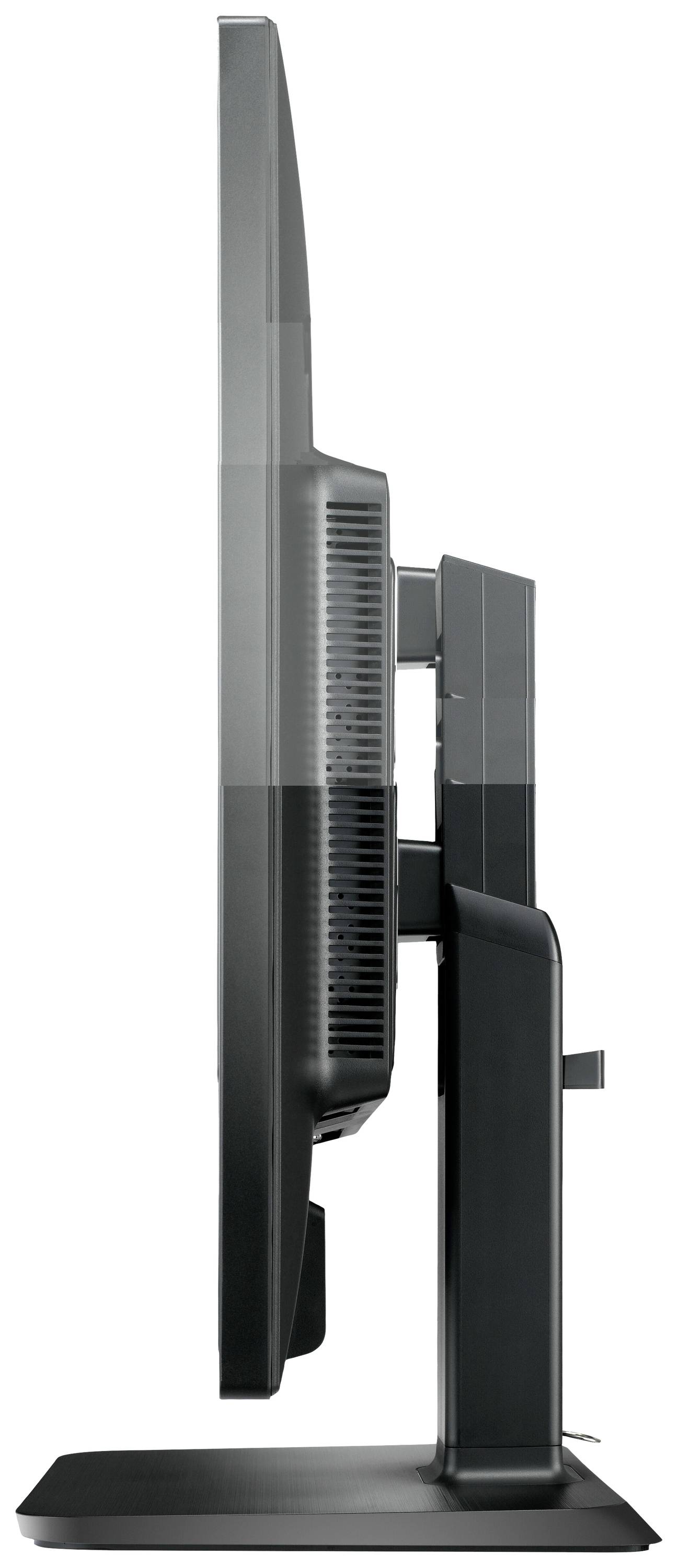 A side-photographed monitor with a slim bezel and sturdy stand, shown in profile.