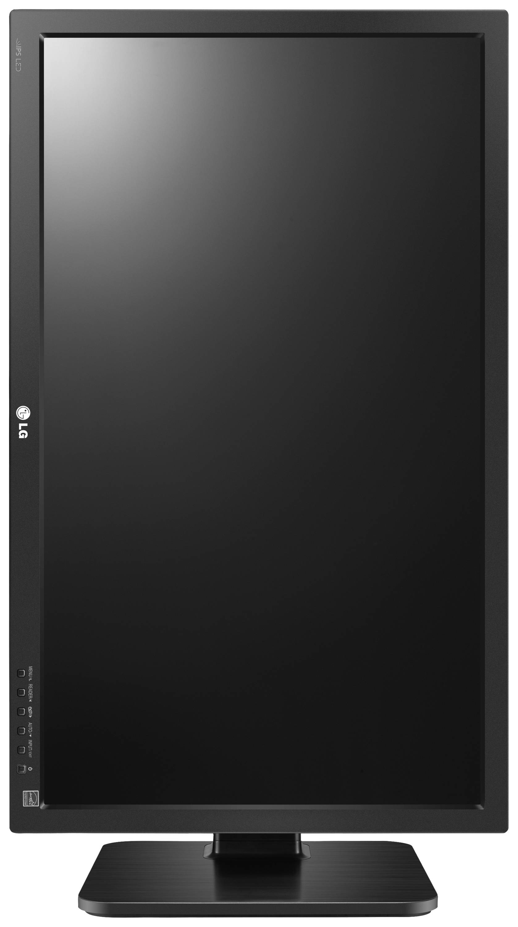 A portrait-oriented computer monitor with a black screen.