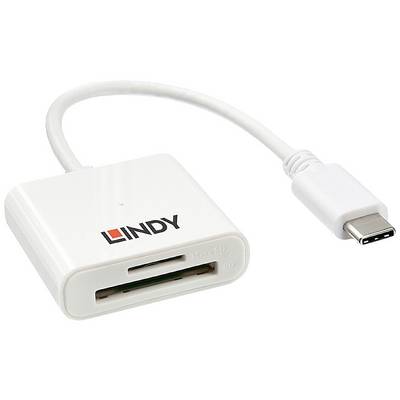 External card reader with USB-C connection, two card slots for SD and microSD cards. White casing with brand logo.