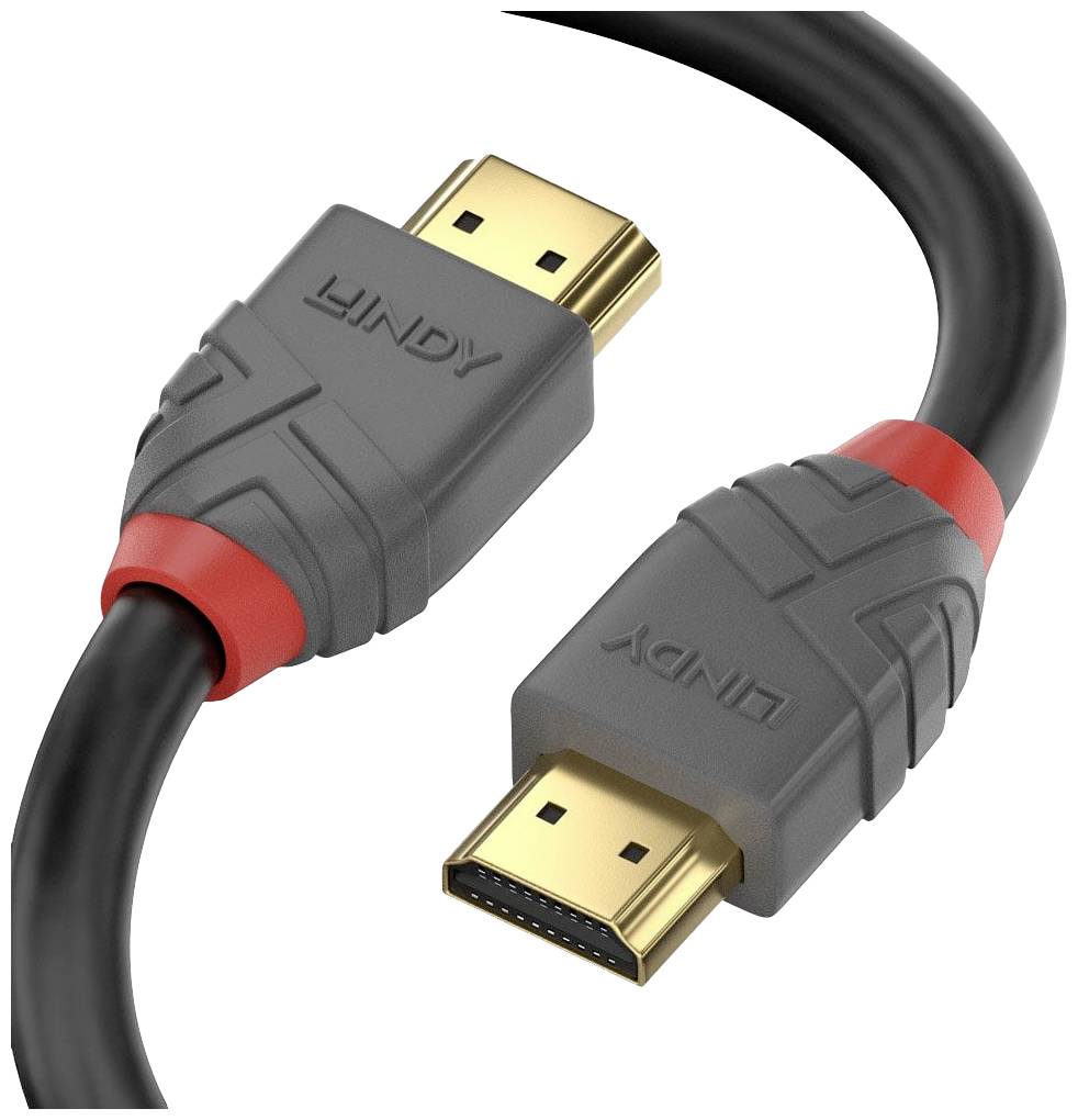 An HDMI cable with gold-plated connectors and grey connectors. The cable has red accents and is used for digital audio and video transmission.