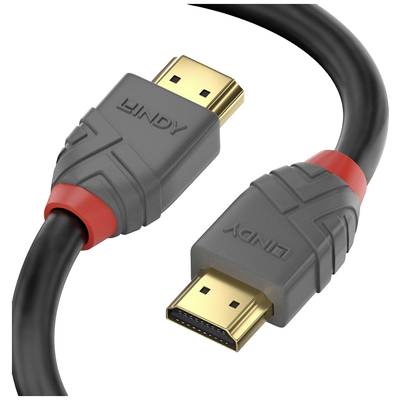 An HDMI cable with gold-plated connectors and a black cable, featuring red and grey details on the connectors.