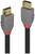 Two grey HDMI cable plugs with red rings and black cables, one labelled 'LINDY', the other labelled 'HDMI'.