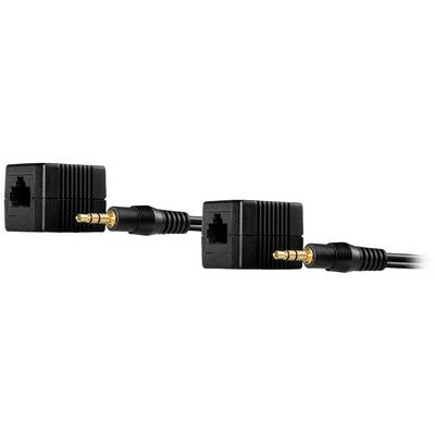 Two black audio cables connected with two 3.5 mm plugs. One ends in a socket with a square housing.