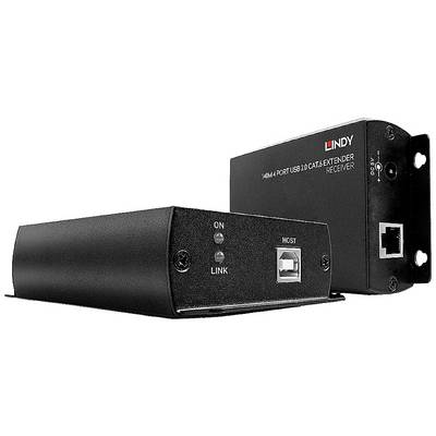 Two black USB 2.0 extenders, one with 'ON' and 'LINK' LEDs, the other with a 'HOST' port. Brand: Lindy.