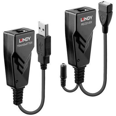 The image shows a LINDY USB extender kit with a transmitter and a receiver, each featuring USB ports and a black casing.
