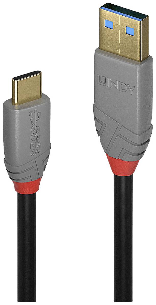 USB cable with USB-C and USB-A plugs. Suitable for connecting devices for data transfer and charging.