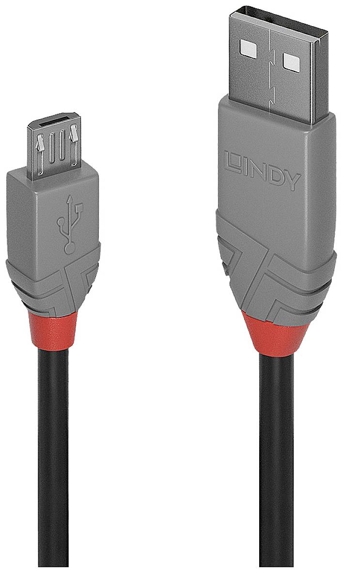 Grey USB cable with standard USB and Micro-USB connectors, red accents at the ends. Smaller Micro-USB on the left, larger USB on the right.