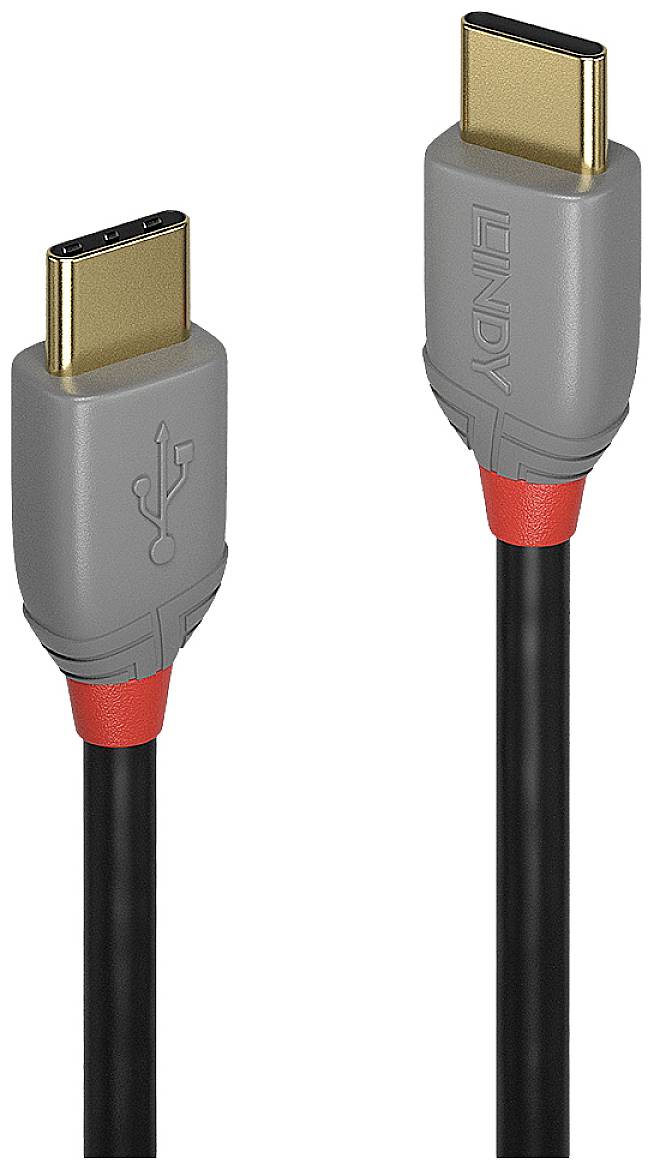Two grey USB-C cables with golden connectors and a red ring. The cables are aligned in opposite directions.