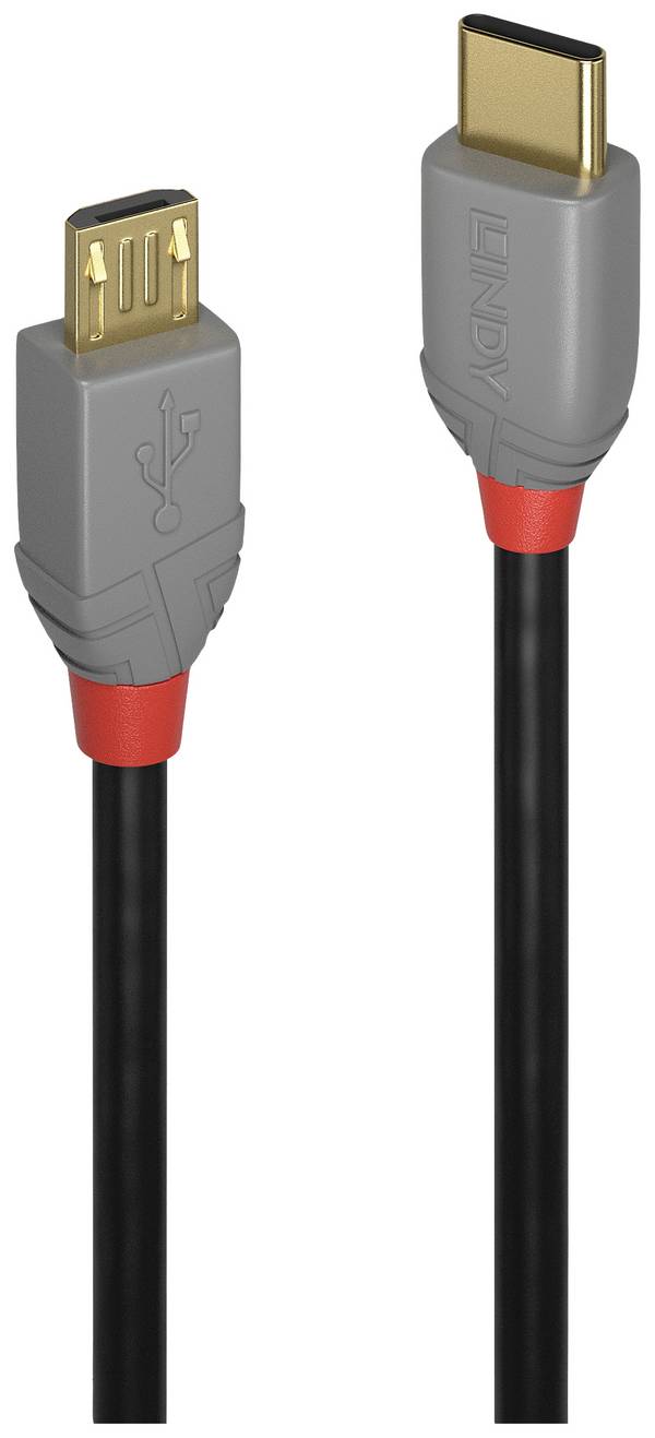 LINDY USB cable  USB 2.0 USB-C® plug, USB Micro-B plug 1.00 m Black, Grey  36891