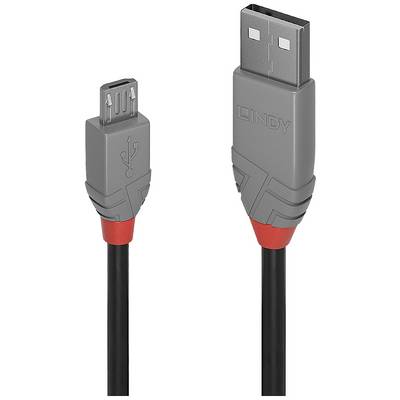 A black cable with a grey USB plug and a grey Micro-USB plug, both with red accents.