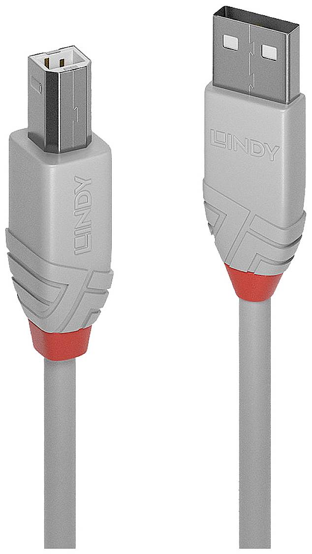 A grey USB cable with a USB-A plug on the right side and a USB-B plug on the left side.