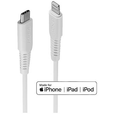 A cable with a USB-C and Lightning connector, suitable for iPhone, iPad and iPod.