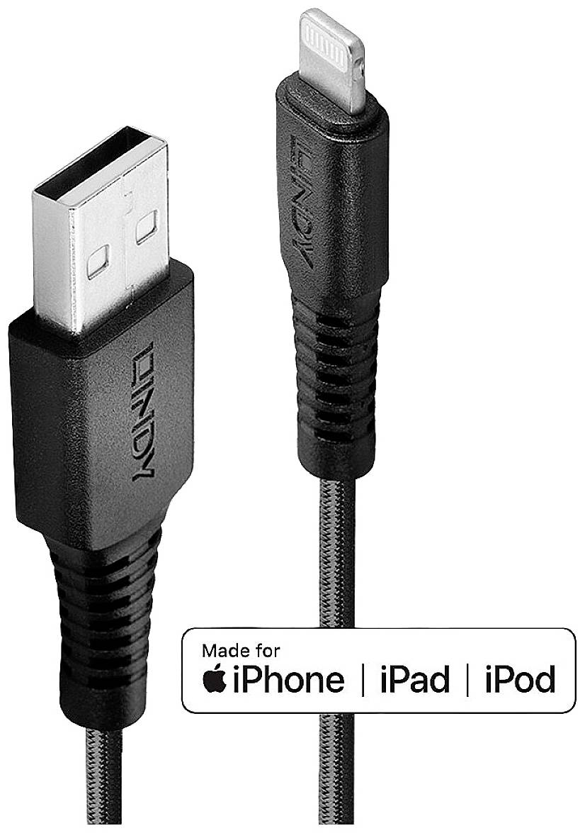 'USB to Lightning cable', black with text 'Made for iPhone | iPad | iPod', indicating compatibility with Apple products.