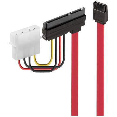 A SATA power and data cable set: on the left, a Molex-to-SATA power adapter, on the right, a red SATA data cable.
