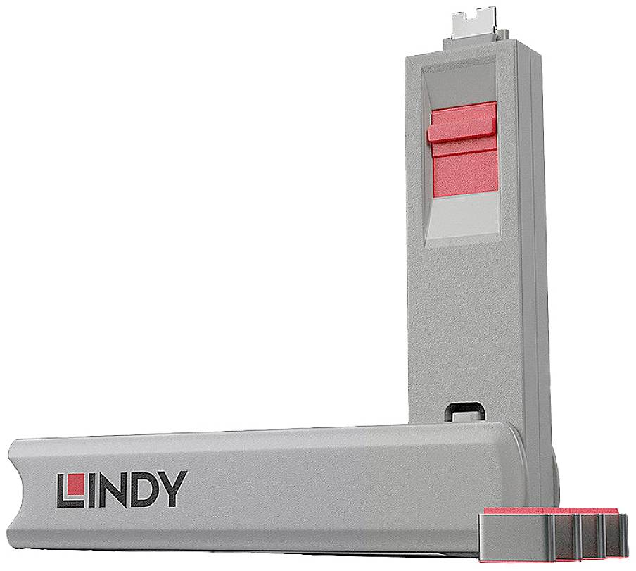 Electronic device in grey with a red switch, marked with 'LINDY'.