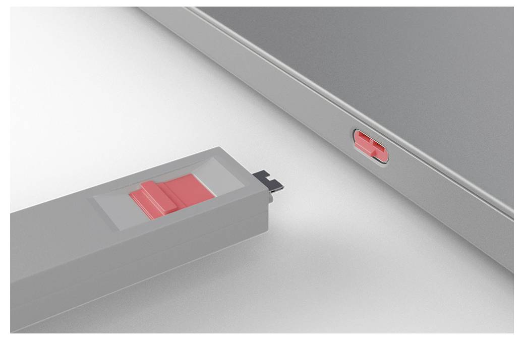 Close-up of a gray connector being inserted toward a matching port on a device, with red alignment tabs visible.<br>