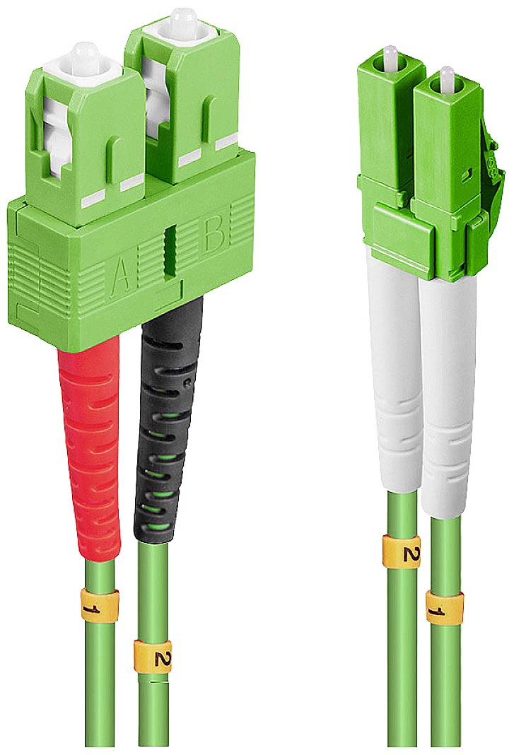 Green duplex fibre optic connector with 'A' and 'B' labelling, with red and black markings on the cable, showing two cables joining together.