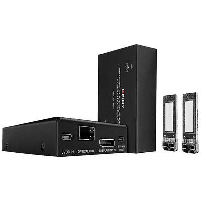 A set comprising a transmitter, receiver, and SFP modules for transmitting video signals over fibre optic cable, with a transmission range of 300m using DisplayPort 1.2 technology.