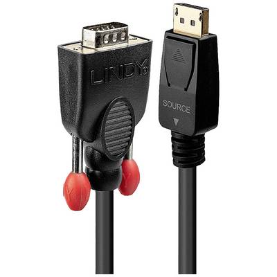 A black VGA-to-DisplayPort cable adapter. On the left is the VGA port with red screws, on the right is the DisplayPort port.