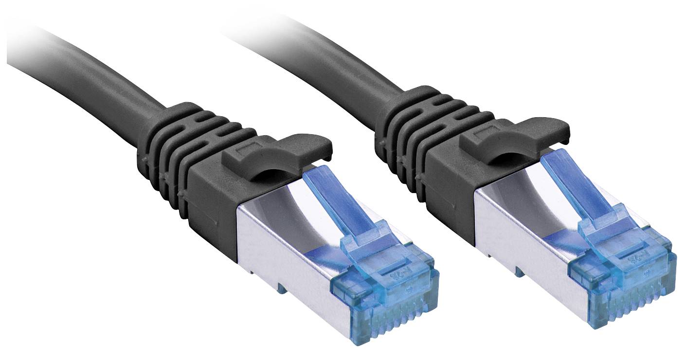 Two black Ethernet cables with blue plastic plugs, used for network connections.
