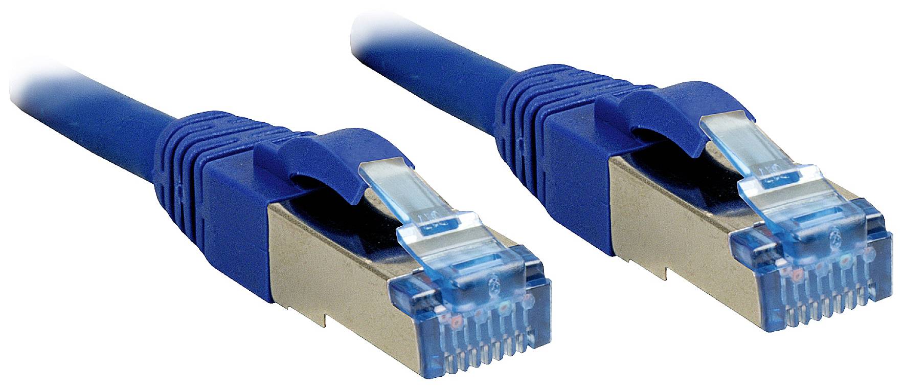 Two blue Ethernet cables with RJ45 plugs. They are arranged side by side and ready for use in network connections.