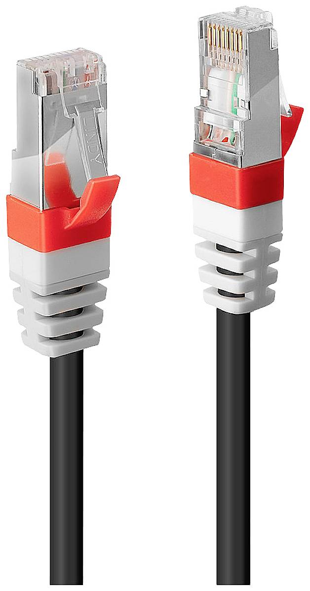 Two Ethernet cable plugs with red elements and black cable, aligned in different directions.