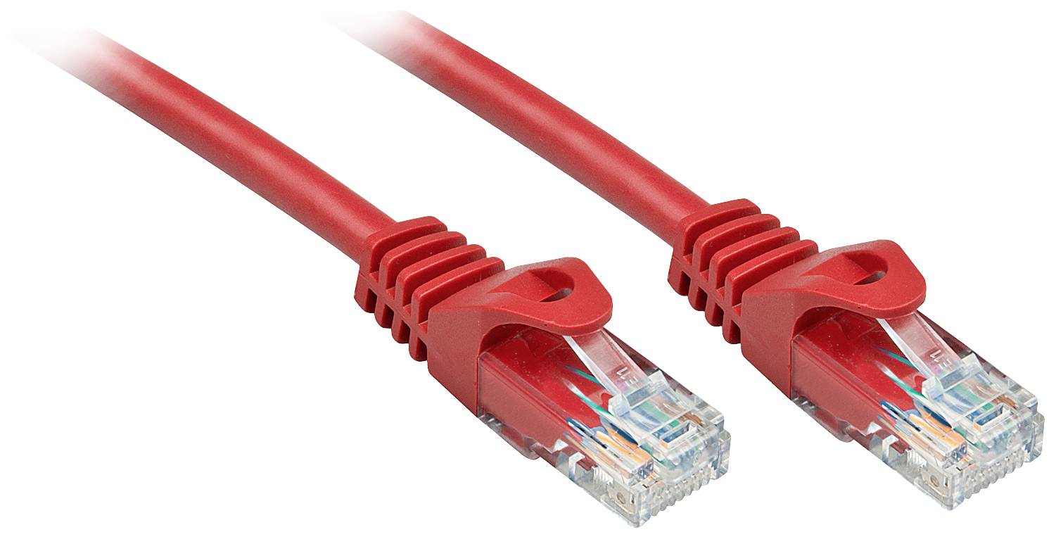 Two red Ethernet cables with clear connectors on a white background.