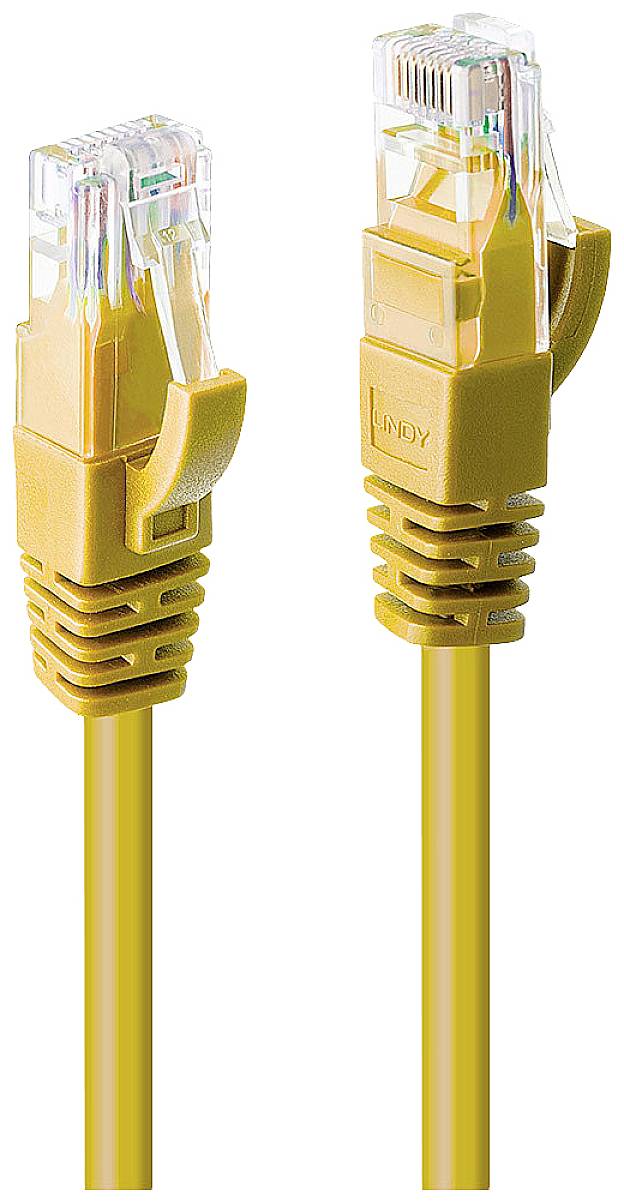 Two yellow Ethernet cables with transparent connectors, typically used for network connections in computer networks.
