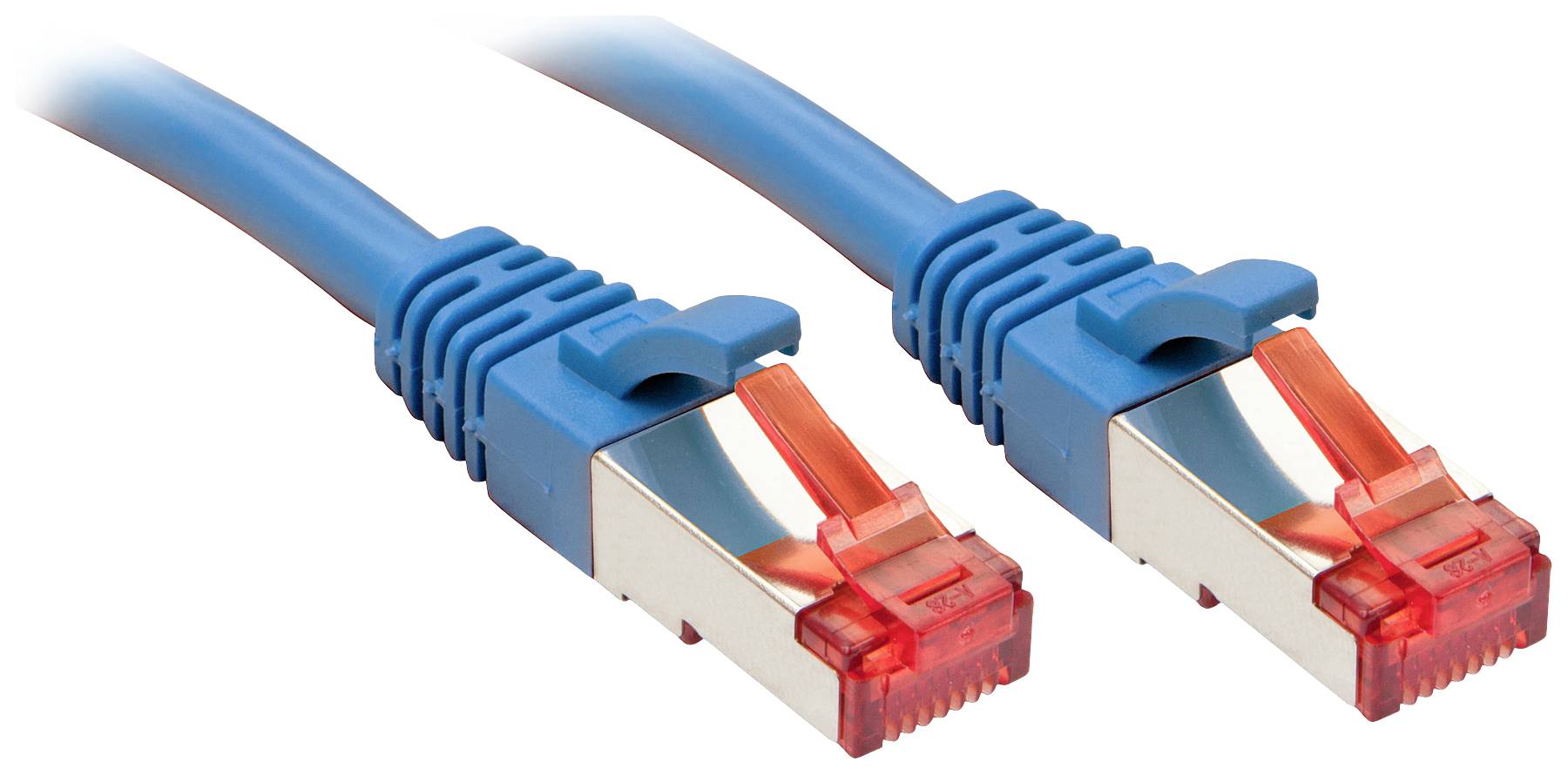 Two blue network cables with red connectors. They feature RJ45 plugs used for data transmission in networks.