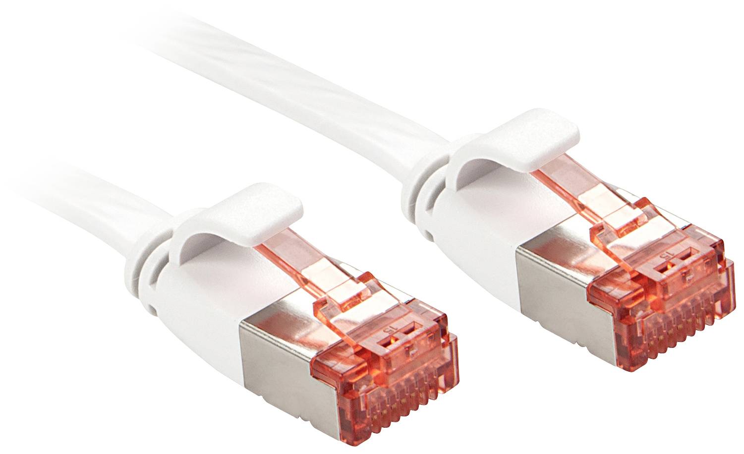 Two white network cables with red RJ45 connectors, commonly used for internet and LAN connections.