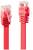 Two red network cables with RJ45 connectors, positioned side by side. One is flat, the other conventionally shaped.