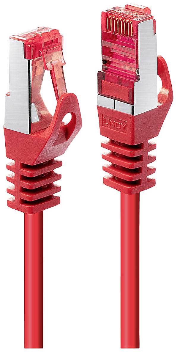 Red network cable with RJ45 connectors, closed and open, for Ethernet connections.