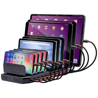 Various tablets and smartphones are lined up at an angle in a charging station and connected with short cables.