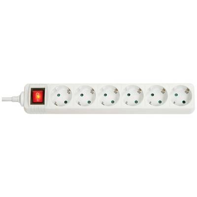 White multi-socket extension with six plug sockets and a red on/off switch on the left.